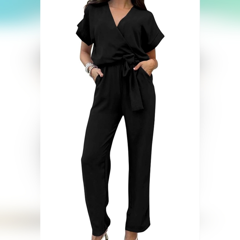 PRETTY GARDEN One Piece Jumpsuit Short Sleeve Belted Wide Leg